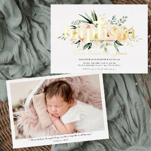 Invitation En Aluminium Jolie Florale Baptême Photo Rose & Or