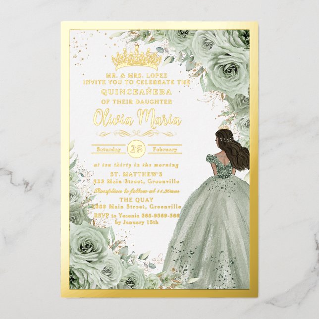Invitation En Aluminium Jolie Robe de Quinceañera Fleurie Vert Sage Marron (Recto)