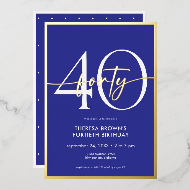 Invitation En Aluminium Jour d'anniversaire minimal Royal Blue Gold Script (Recto/Verso)