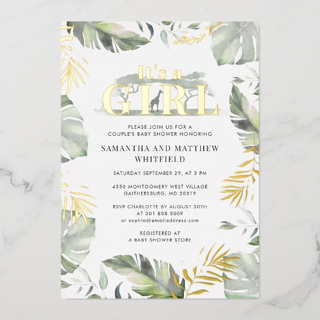 Invitation En Aluminium Jungle Safari Giraffe Girls Baby shower Gold (Recto)