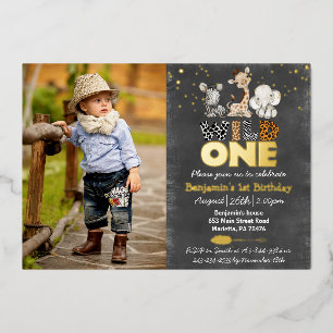 Invitation En Aluminium Jungle Tableau Noir Wild One Photo Réel Or Feuille