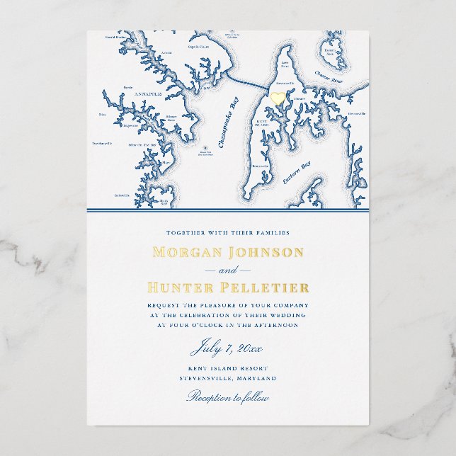 Invitation En Aluminium Kent Island Maryland Destination Marine et Gold (Recto)