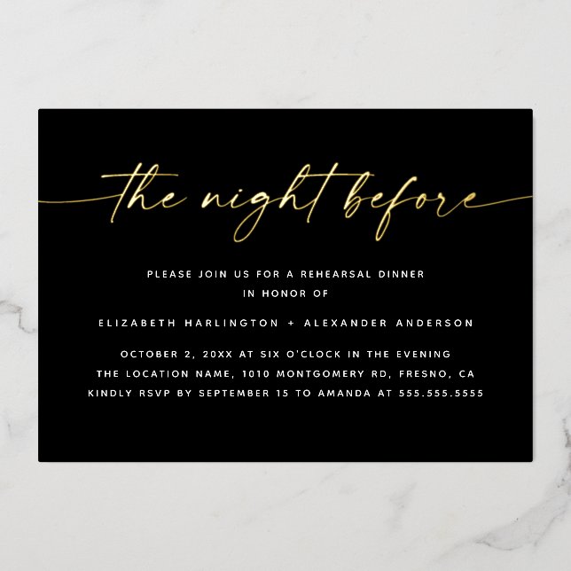 Invitation En Aluminium La nuit précédente | Dîner de répétition Gold Scri (Recto)