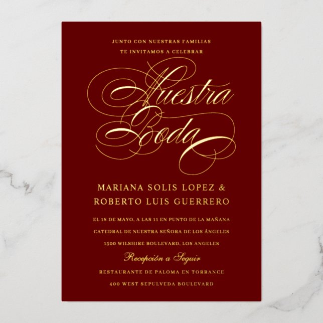 Invitation En Aluminium Langue espagnole Nuestra Boda Maroon Gold (Recto)