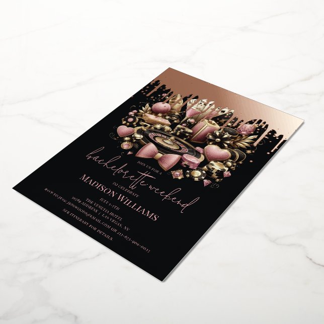 Invitation En Aluminium Las Vegas Bachelorette Luxe Black Pink Gold (Rotation)