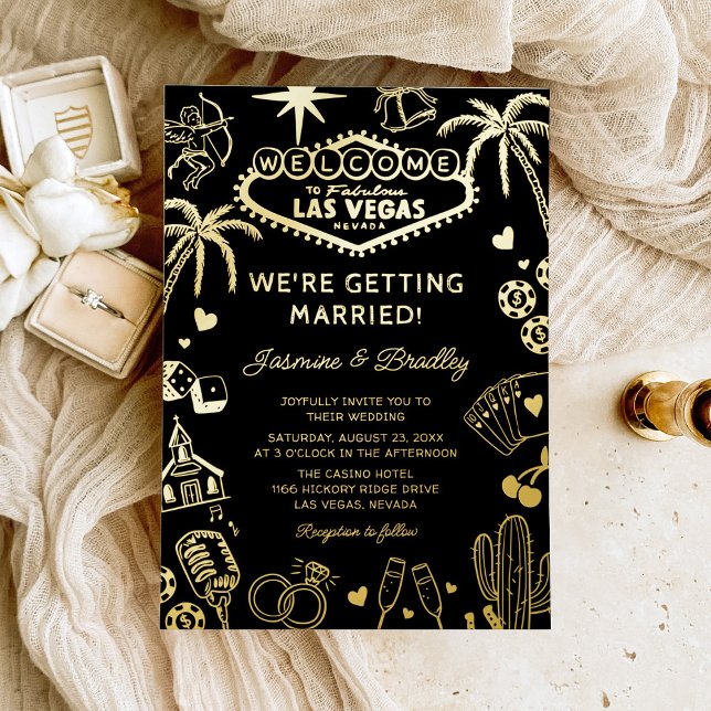 Invitation En Aluminium Las Vegas Fun Doodle Wedding Black & Gold (Créateur téléchargé)