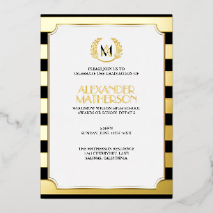 Invitation En Aluminium Laurel Monogrammed Black and FOIL Graduation Foil