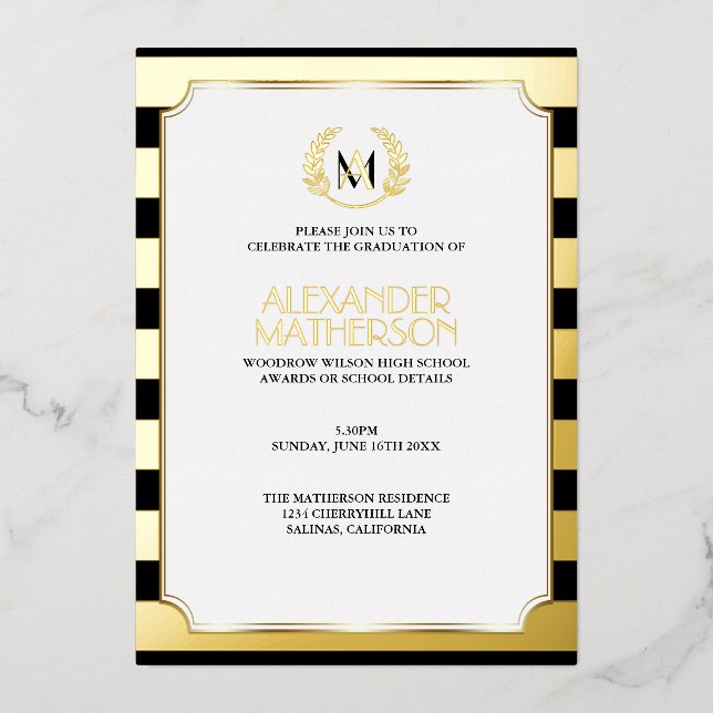 Invitation En Aluminium Laurel Monogrammed Black and FOIL Graduation Foil (Recto)
