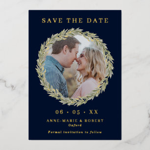 Invitation En Aluminium Laurel Wreath on Navy Photo Wedding Enregistrer la