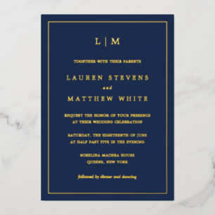 Invitation En Aluminium Lauren Navy Blue Monogramme Mariage élégant