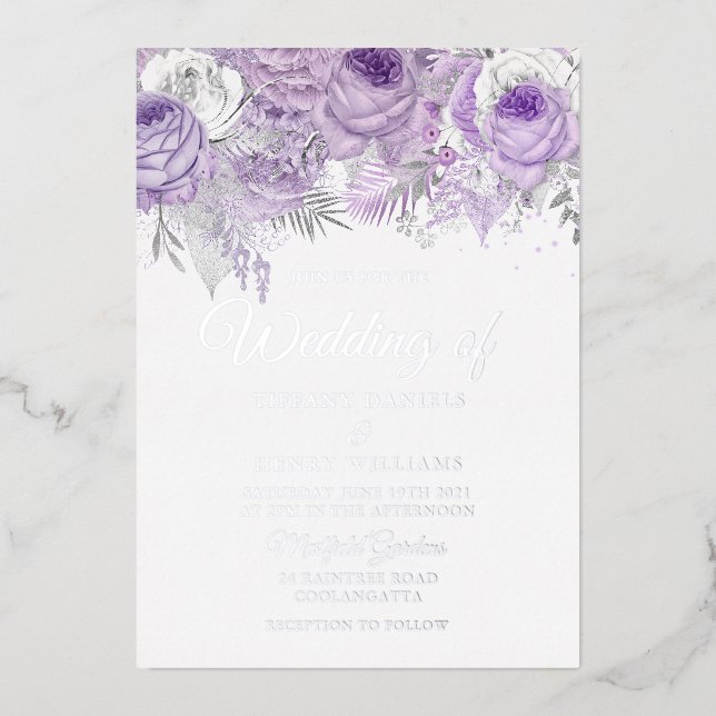 Invitation En Aluminium Lavande Purple Étincelle Florale Mariage Argent (Recto)