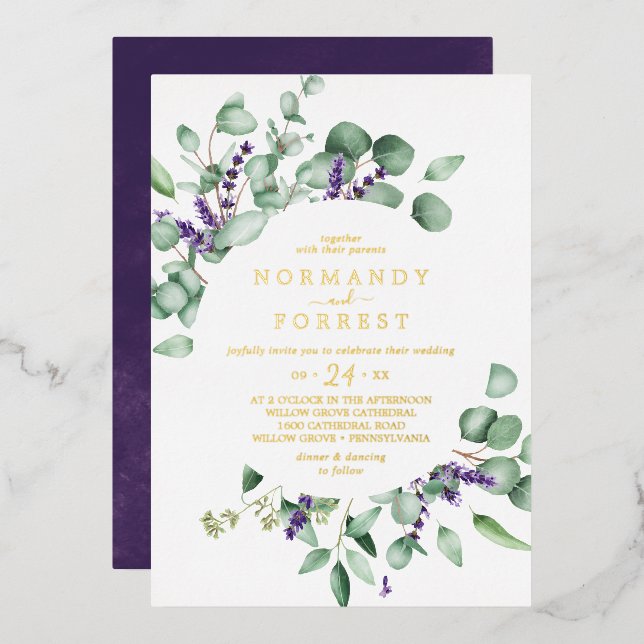 Invitation En Aluminium Lavande rustique | Mariage Décontracté Gold Foil (Recto/Verso)