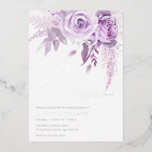 Invitation En Aluminium Lavande violette Divine Baby shower Floral Argent (Recto)
