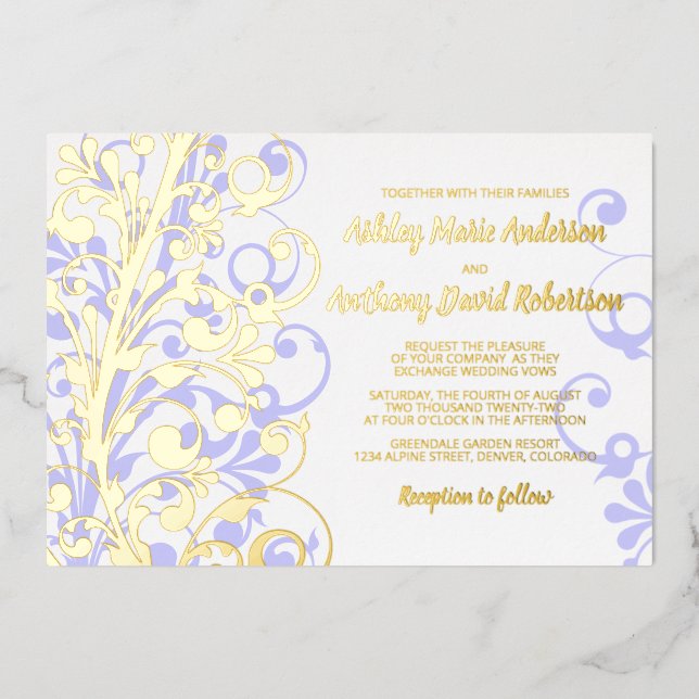 Invitation En Aluminium Lavender Real Gold Foil Mariage Floral (Recto)
