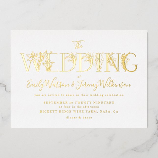 Invitation En Aluminium Lettres Florales d'or officielles Mariage (Recto)