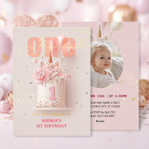 Invitation En Aluminium Licorne de style floral rose pour un premier anniv