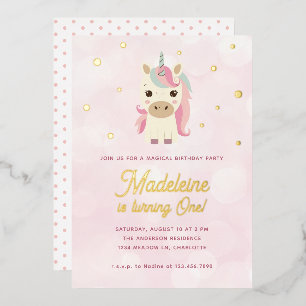 Invitation En Aluminium Licorne Magique Rose Points Dorés 1er Anniversaire
