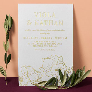 Invitation En Aluminium Ligne de verdure florale Art blanc et or Mariage