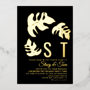 Invitation En Aluminium Ligne Mariage feuille Monstera Pressé noir