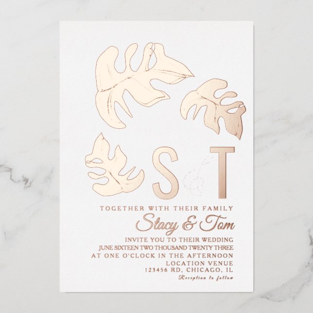 Invitation En Aluminium Ligne Monstera Mariage feuille Pressé (Recto)