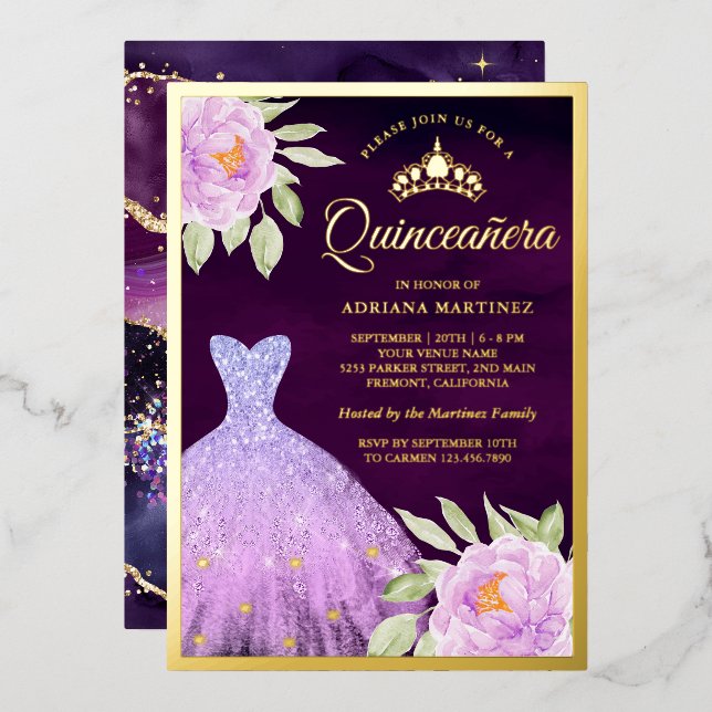 Invitation En Aluminium Lilac Floral Gown violet Quinceanera Or (Recto/Verso)