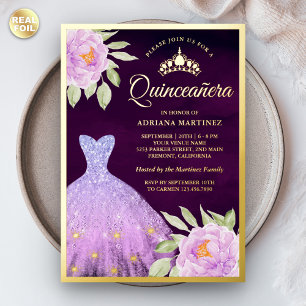 Invitation En Aluminium Lilac Floral Gown violet Quinceanera Or