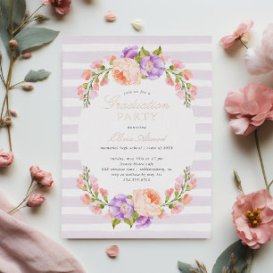 Invitation En Aluminium Lilac Stripe and Bloom Graduation Party