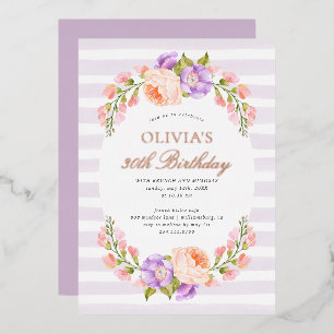 Invitation En Aluminium Lilac Stripe et Fleur Anniversaire Brunch Party