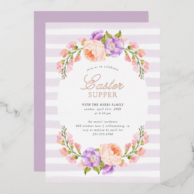 Invitation En Aluminium Lilac Stripe et Fleur Soirée de Pâques (Recto/Verso)