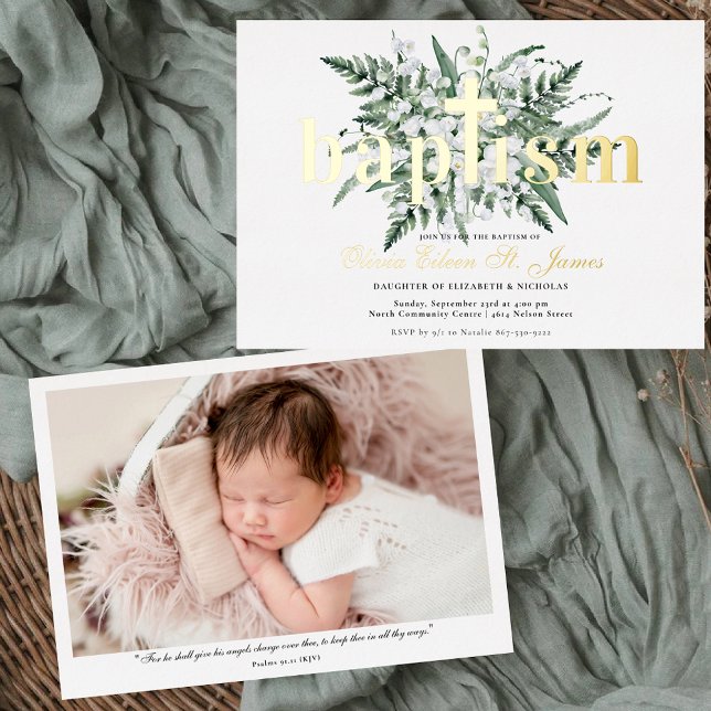 Invitation En Aluminium Lily de la Vallée | Floral Gold Baptism Photo (Créateur téléchargé)
