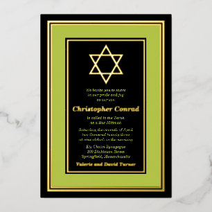Invitation En Aluminium Lime Green Gold Foil Star de David Bar Mitzvah