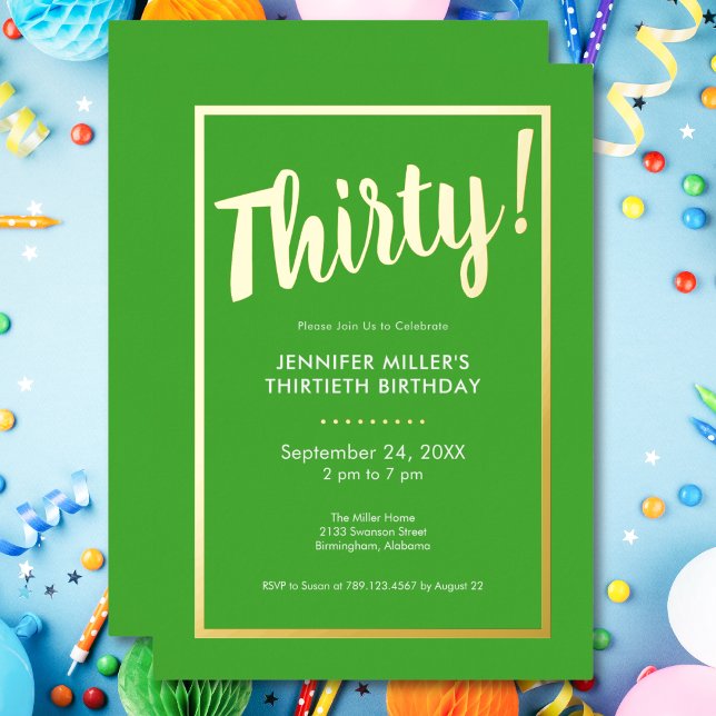 Invitation En Aluminium Lime moderne Green & Gold Foil 30e anniversaire (Modern Lime Green & Gold Foil 30th Birthday Foil Invitation)