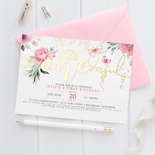 Invitation En Aluminium Little Miss ONEderful Fleurs Roses 1er Anniversair