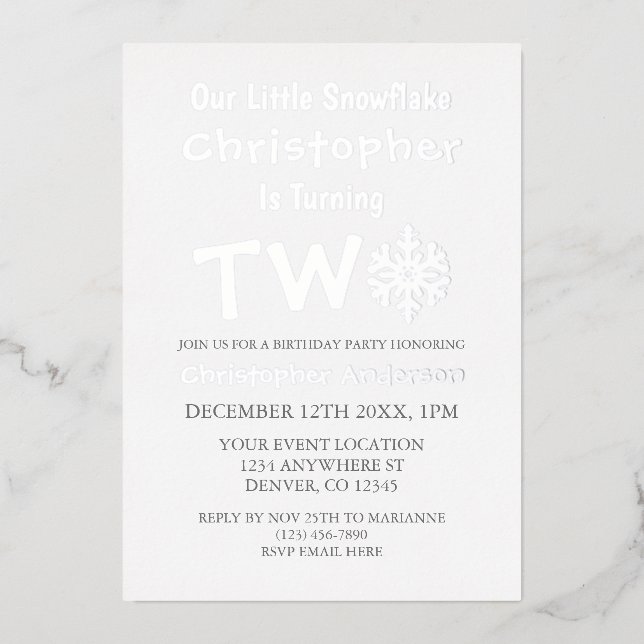 Invitation En Aluminium Little Snowflake 2e anniversaire (Recto)