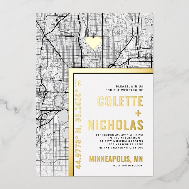 Invitation En Aluminium Localisateur d'amour de Minneapolis | Ville Mariag (Recto)