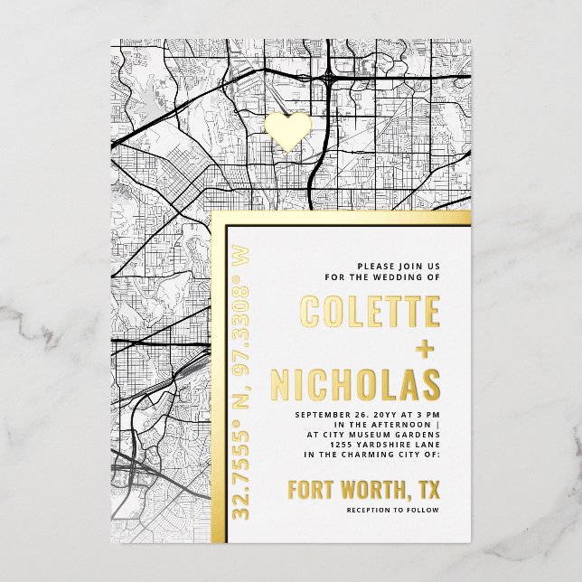 Invitation En Aluminium Localisateur d'amour Fort Worth | Ville Mariage à  (Recto)