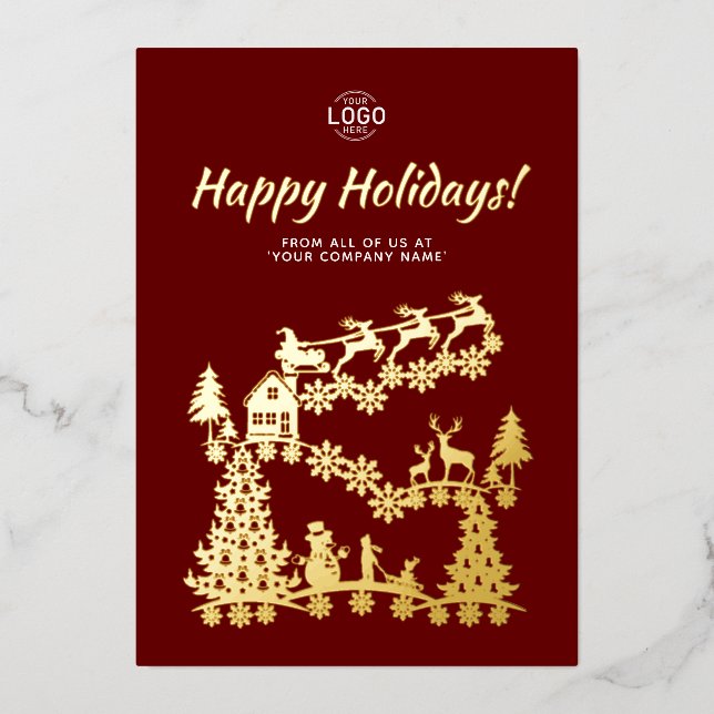 Invitation En Aluminium Logo Scène de Noël Gold Burgundy Holidays Card (Recto)