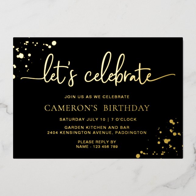 Invitation En Aluminium L'or noir peint Célébrons l'anniversaire (Recto)