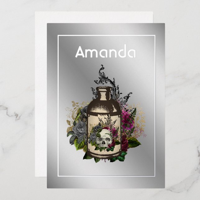 Invitation En Aluminium Lotion poison florale Halloween gothique Anniversa (Recto/Verso)