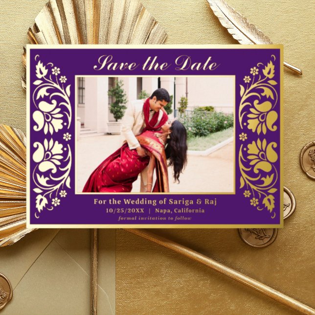 Invitation En Aluminium Lotus Flower Indian Save the Date with Photo Gold (Purple Indian wedding save the date card with photo, hindu wedding save the date card, lotus flower)