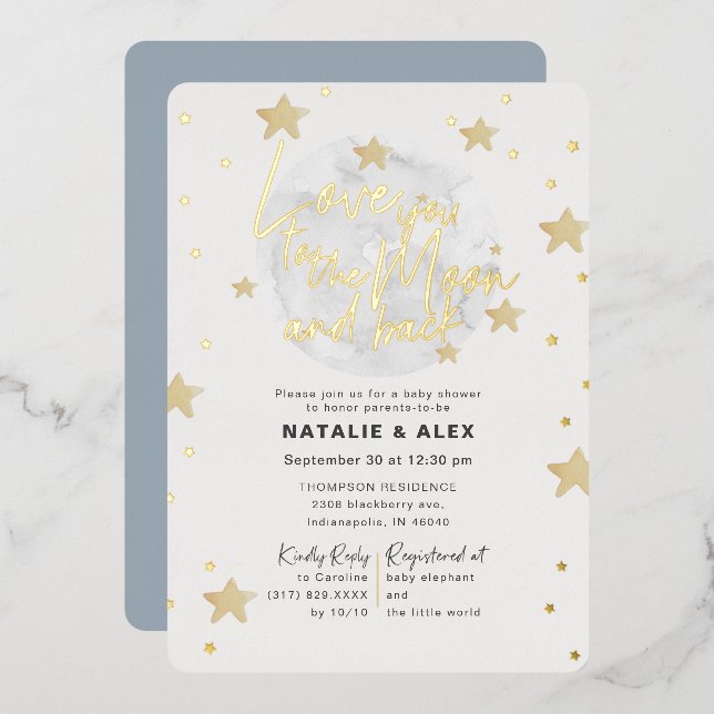 Invitation En Aluminium Love You Moon & Back Boy Baby shower (Recto/Verso)