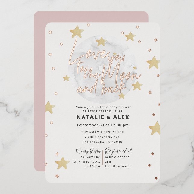 Invitation En Aluminium Love You Moon & Back Girl Baby shower (Recto/Verso)