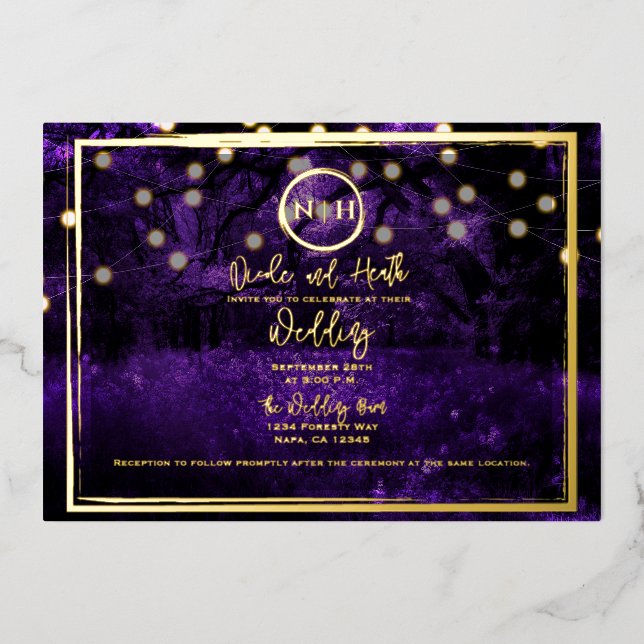 Invitation En Aluminium Lumières de forêt violette Élégant mariage photo o (Recto)