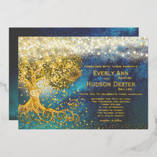 Invitation En Aluminium Lumières féeriques de Forest Grove Bleu et Or Mari