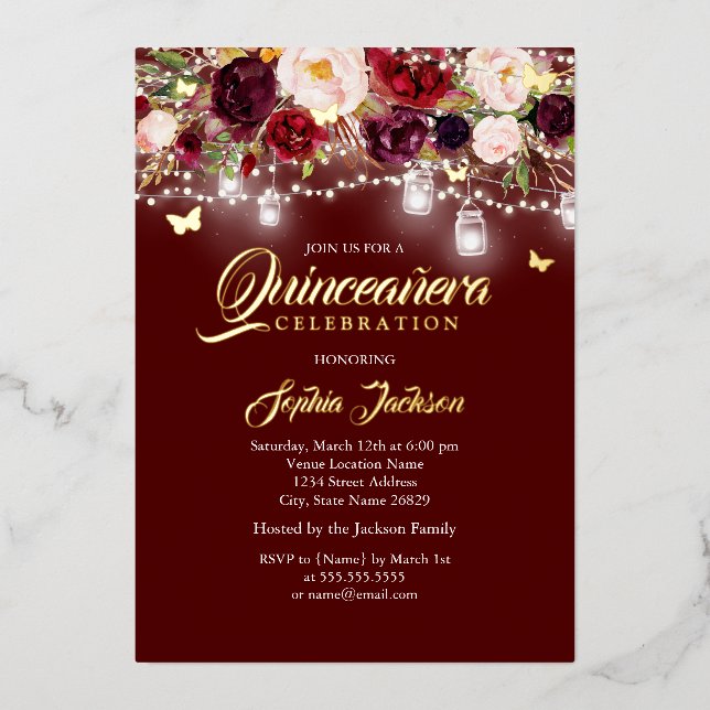 Invitation En Aluminium Lumières florales de Bourgogne Quinceanera (Recto)