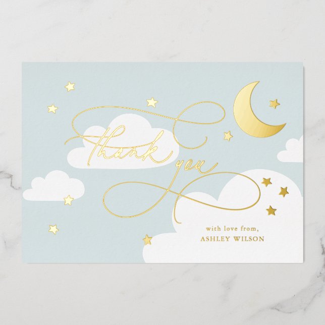 Invitation En Aluminium Lune et étoiles Bleu Script Merci bébé (Recto)