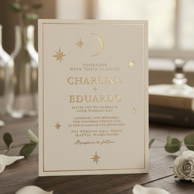 Invitation En Aluminium Lune et étoiles Céleste Starsign Mariage d'or (Créateur téléchargé)