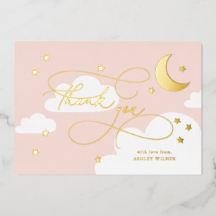 Invitation En Aluminium Lune et Étoiles Rose Script Baby Merci