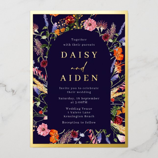 Invitation En Aluminium Lush Fleur sauvage Marine & Gold Foil Mariage (Recto)