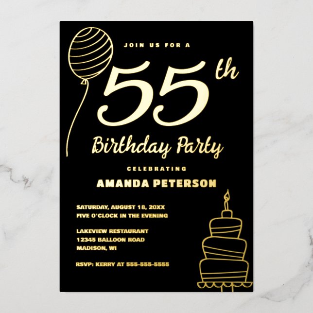 Invitation En Aluminium Luxe Black 55e Anniversaire Party Real Gold (Recto)